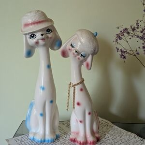 Vintage 1960s Kitschy Ceramic Dog Figurines - Blue and Pink Accents
